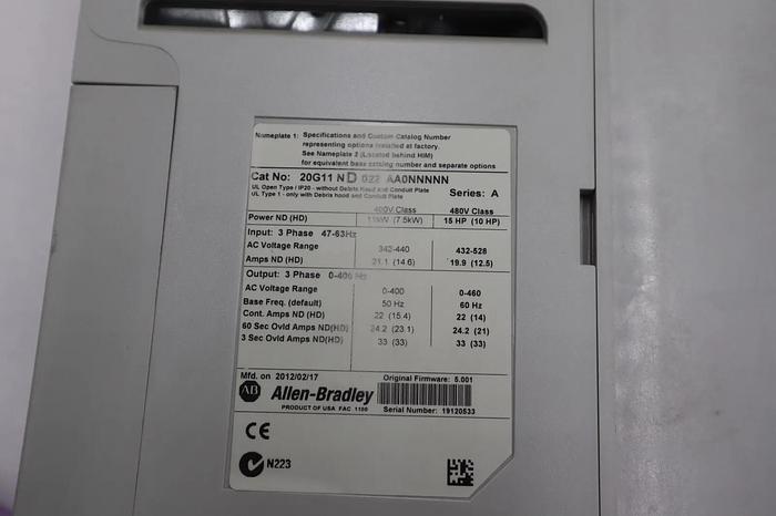 Used Allen-Bradley 20G11ND022AA0NNNNN-A 22A 460V 15HP Powerflex 755 STOCK 4444