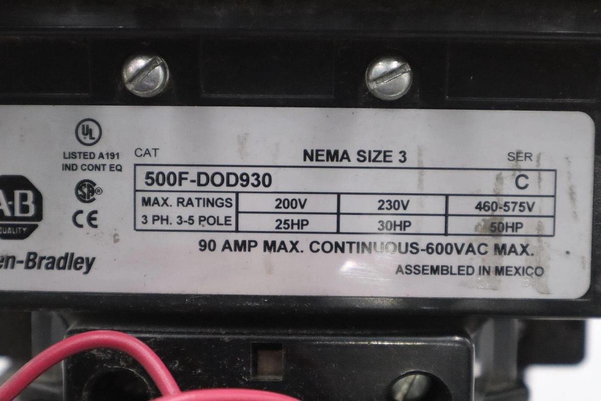 Used AB ALLEN BRADLEY 500F-DOD930 SER. A 120V CONTACTOR STK CC190