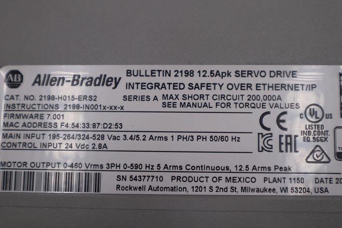 Used Allen Bradley 2198-H015-ERS2 A Kinetix 5500 Servo Drive Stock 4168