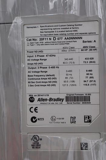 Used ALLEN BRADLEY VFD 20F11ND077AA0NNNNN SER A AC DRIVE POWERFLEX 753 60 HP  #075-A