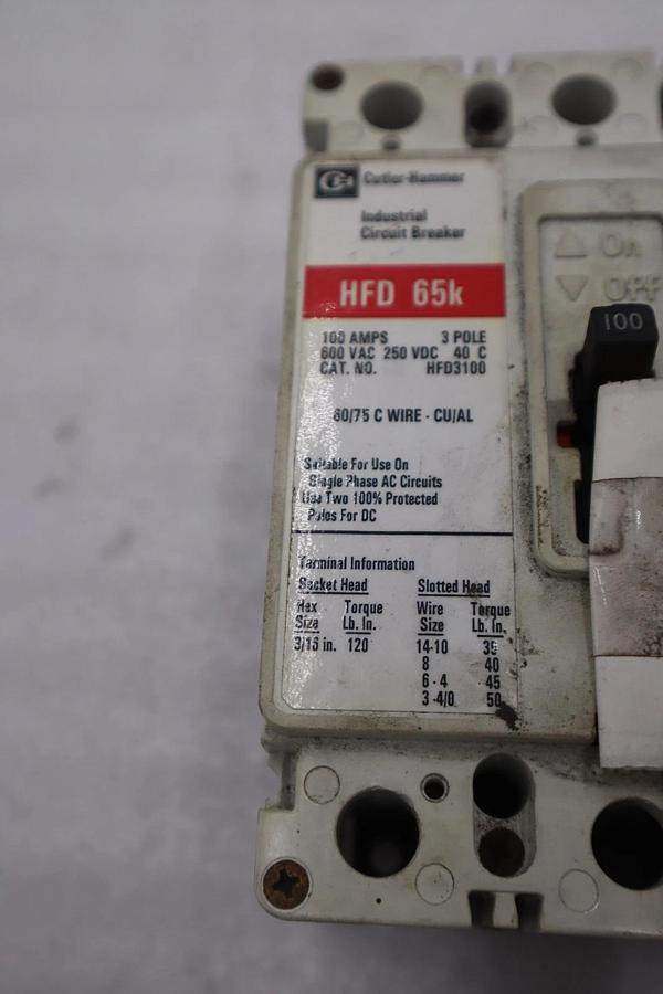 Used CUTLER HAMMER EATON HFD3100 100A 3 Pole 65k Circuit Breaker STK CC226 786679175897