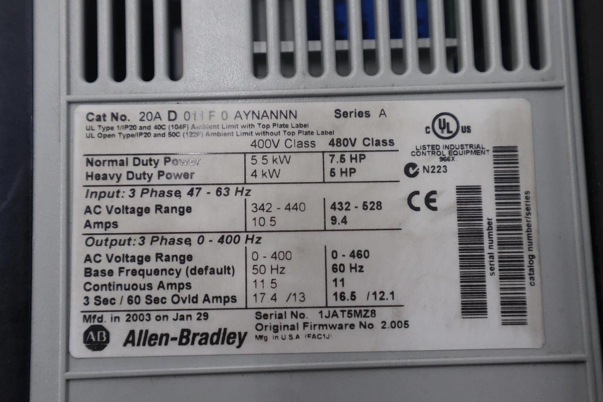 Used ALLEN BRADLEY POWERFLEX 70 20AD011F0AYNANNN SER.A 3PH 5.5KW 7.5HP STOCK 2505