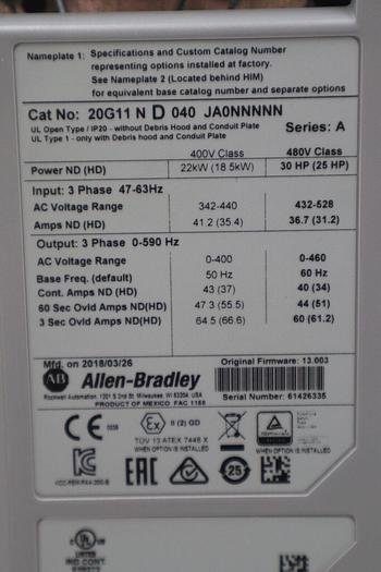 Used Allen Bradley 20G11ND040JA0NNNNN /A PowerFlex 755 480V AC 30HP STOCK 4666