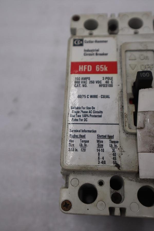 Used CUTLER HAMMER EATON HFD3100 100A 3 Pole 65k Circuit Breaker STK CC226
