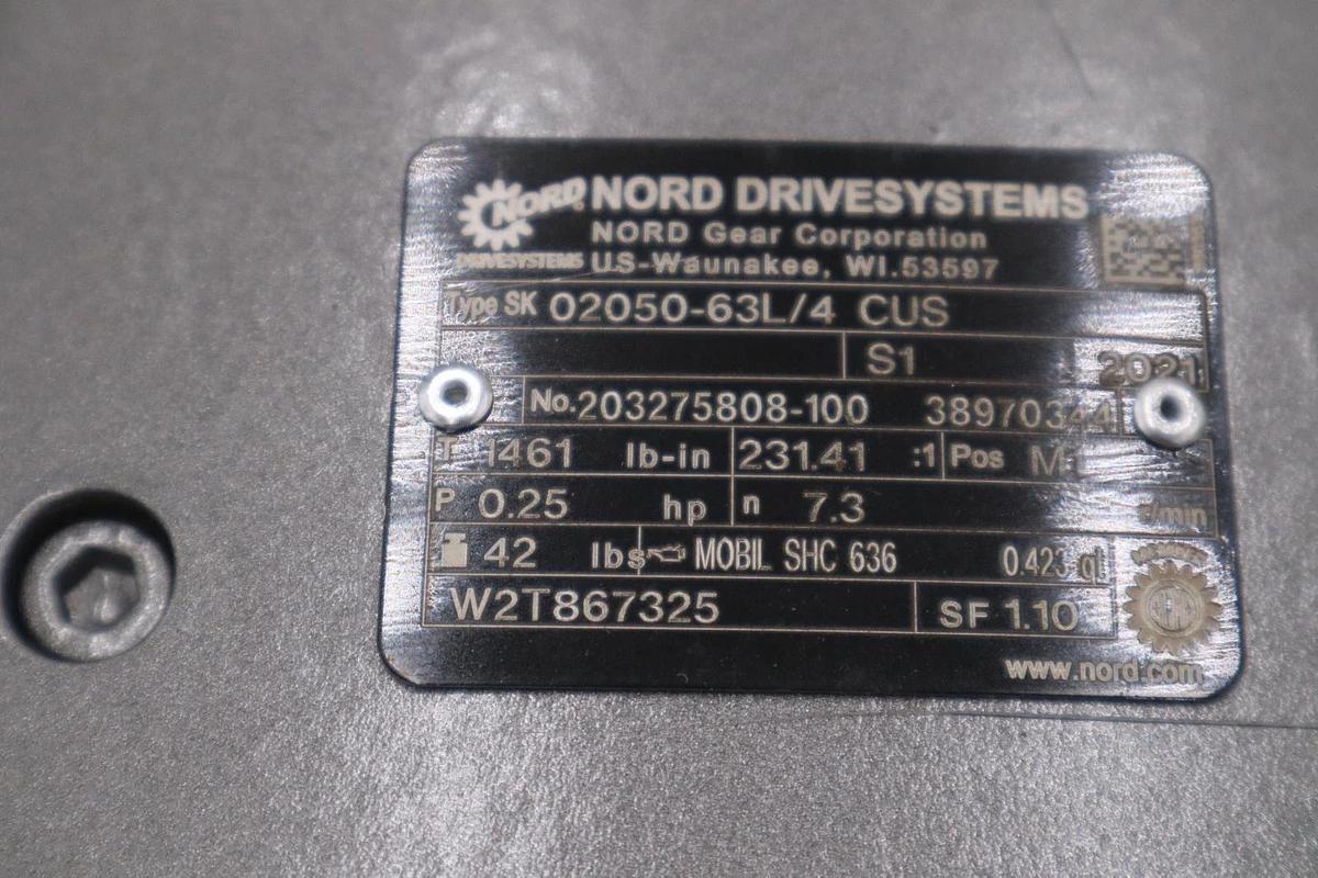 Used Nord SK 02050-63L/4 CUS 231.41:1 GEAR MOTOR RIGHT-ANGLE - STOCK GF534