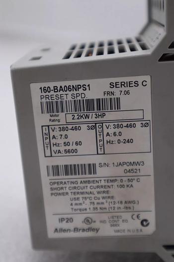 Used ALLEN BRADLEY 160-BA06NPS1 SER C FRN 7.06 PRESET SPEED CONTROLLER #K-041