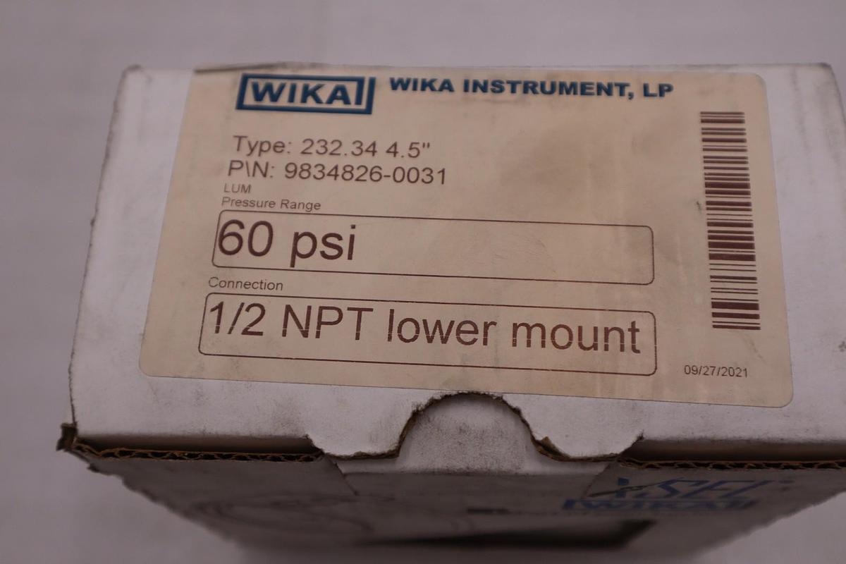 Used WIKA Instrument 9834826-0031 Pressure Gauge 60 PSI 1/2 Lower Mount STK 5607CC