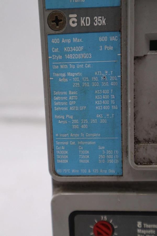 Used Westinghouse KD3400F 3 Pole 400A 600V Circuit Breaker 225A Trip - Used STK 3067