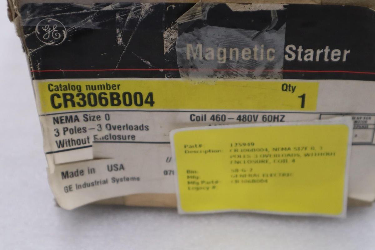 Used GE CR306B004 Magnetic Motor Starter, Thermal, 480V AC 6VDK8 NEW WITH BOX #3704CC