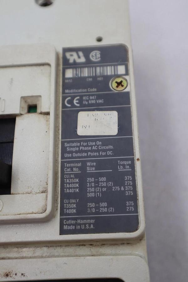Used CUTLER-HAMMER HM2P400X5WS10 MOTOR CIRCUIT PROTECTOR SERIES C STOCK #3204