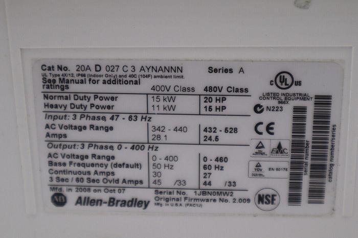 ALLEN BRADLEY 20AD027C3AYNANNN POWERFLEX 70 20HP 480V STOCK 1662-A