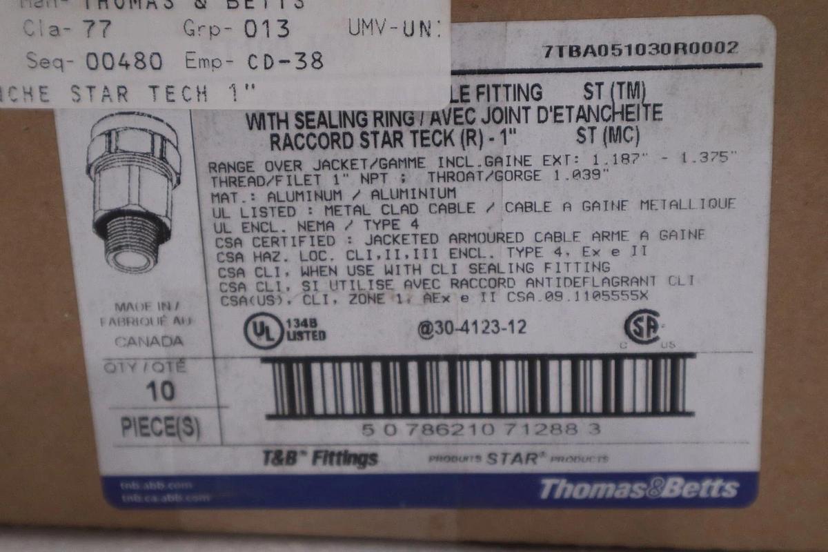 Used NEW (Box of 10) Thomas & Betts ST100-469 Star Teck Cable Fitting 1" STK GF957