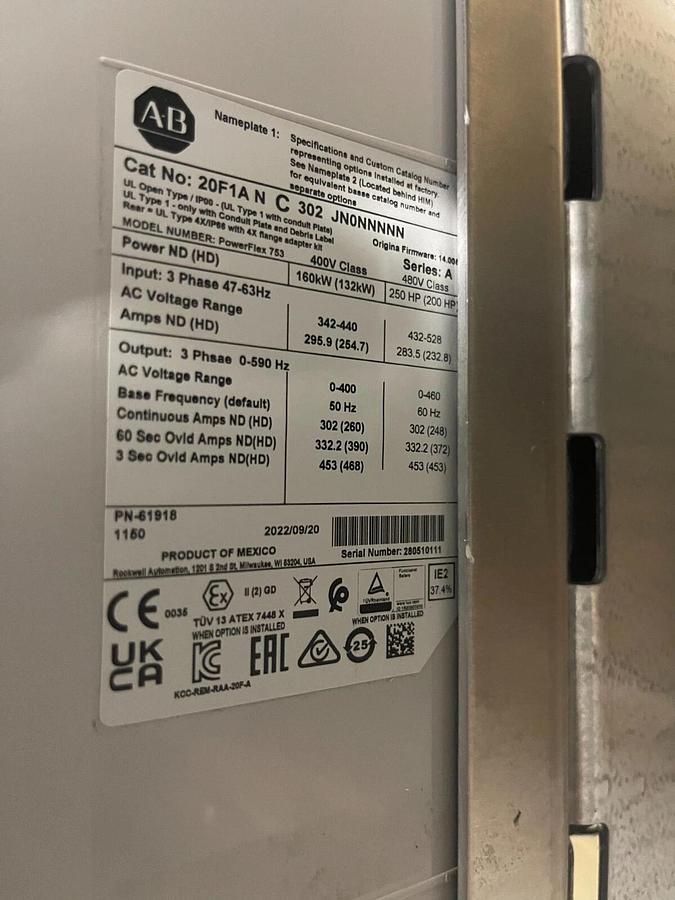NEW ALLEN BRADLEY 20f1anc302jn0nnnnn POWERFLEX 753 AC DRIVE 250HP 3 PHASE #5243