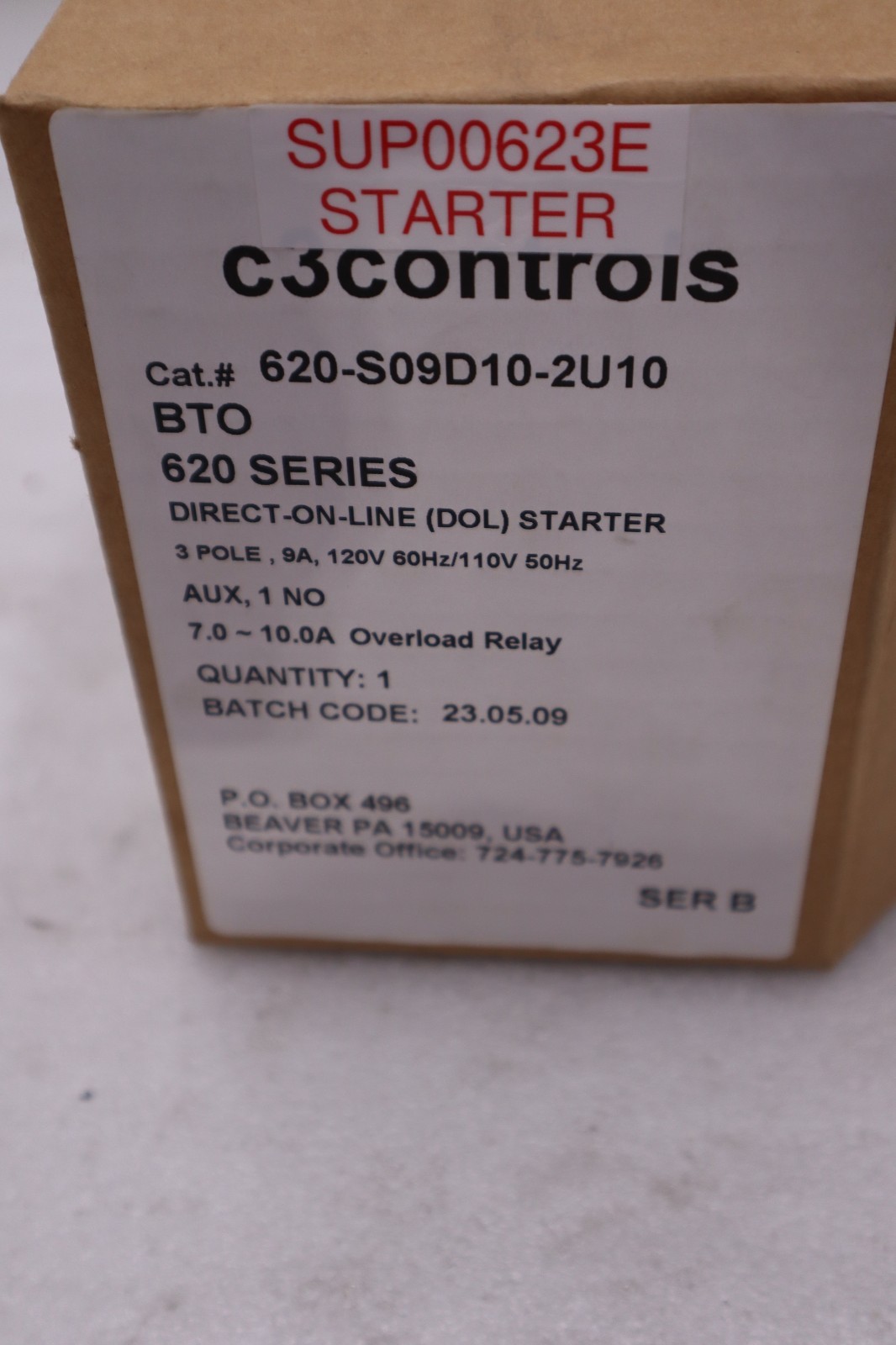 C3Controls 620-S09D10-2U10 DOL Starter 3-Pole, 18A - STOCK 1533A