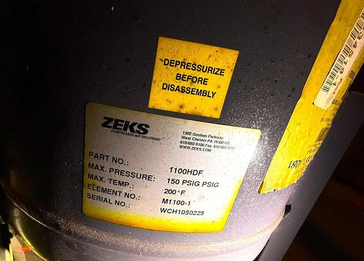 Used ZEKS MODEL 1100HDF MIST ELIMINATOR 1100 SCFM DESIGN MAX WORKING PRESSURE 150 PSI
