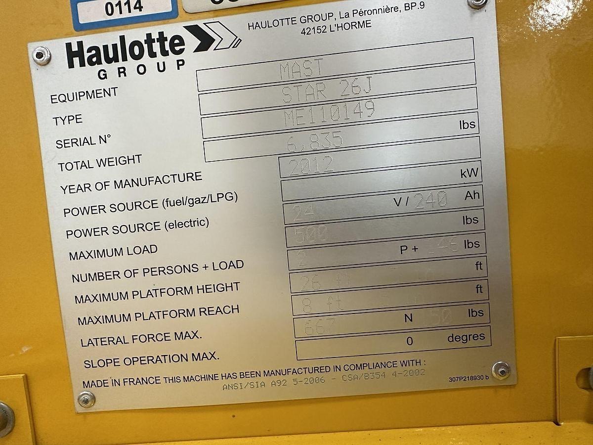 Used HAULOTTE GROUP VERTICAL MAST AERIAL LIFT MODEL MODEL STAR 26J LESS THAN 100 HOUR
