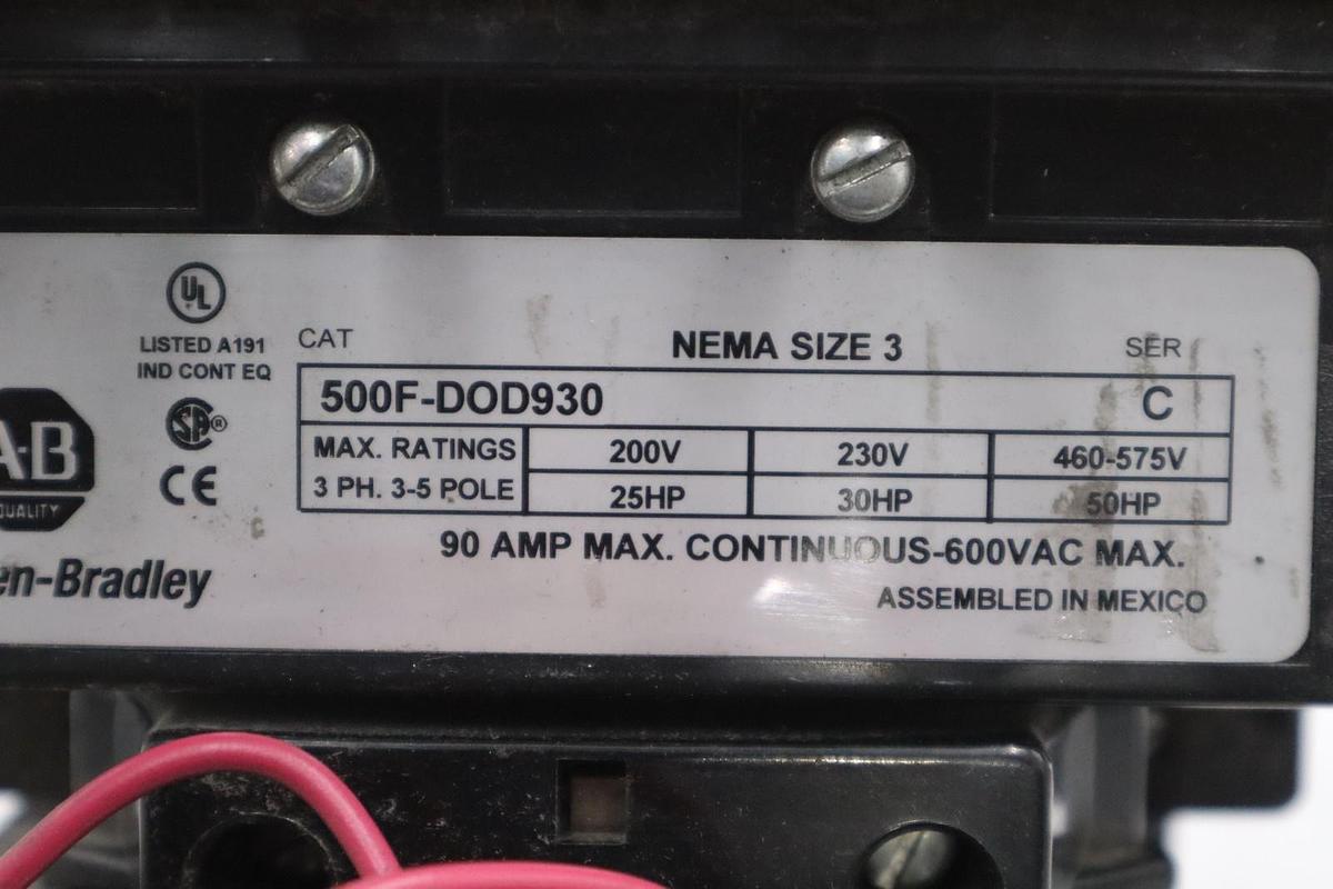 Used AB ALLEN BRADLEY 500F-DOD930 SER. A 120V CONTACTOR STK CC190