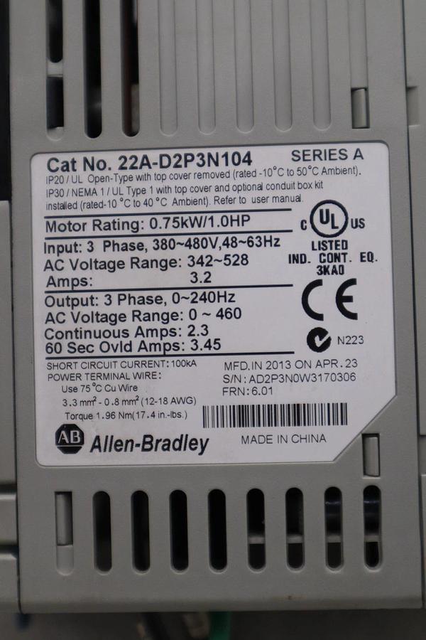 Used Allen Bradley AB 22A-D2P3N104 /A PowerFlex 4 AC Drive 1HP 3Ph 480V STOCK H1809