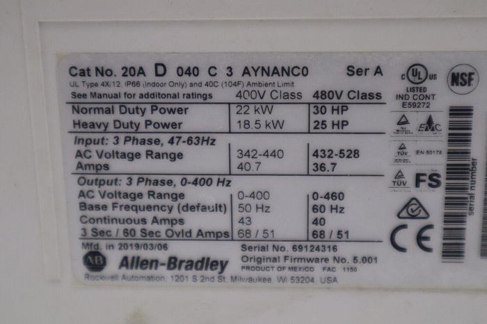 Used ALLEN BRADLEY 20AD040C3AYNANC0 SER A POWERFLEX 70 AC DRIVE STOCK 5233
