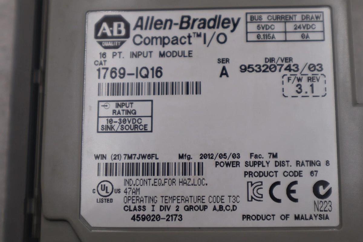 Used ALLEN-BRADLEY 1769-IQ16 SERIES A INPUT MODULE STOCK #B-1339