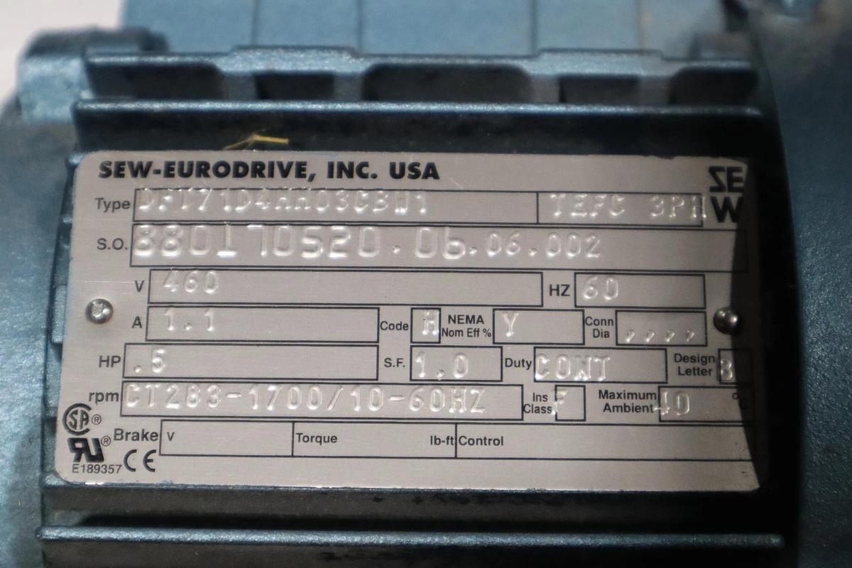 Used NEW SEW EURODRIVE DFT71D4 .5 HP GEARMOTOR STOCK HP147