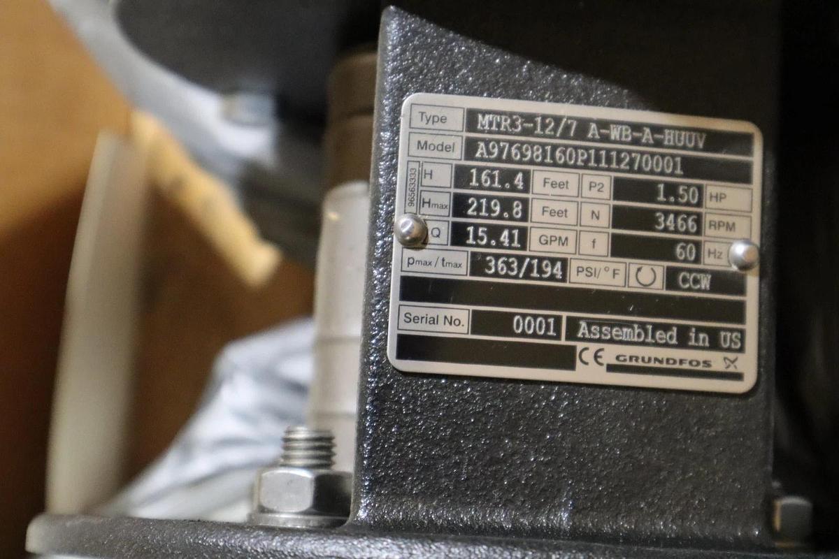 Used NEW GRUNDFOS MTR3-12/7 A-WB-A-HUUV PUMP 1.5HP 3466 RPM 60HZ STOCK HS35