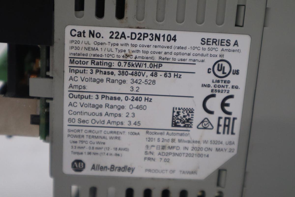 Used Allen Bradley 22A-D2P3N104/A PowerFlex 4 AC Drive 480V 3Ph 1HP 2.3A STOCK H90A