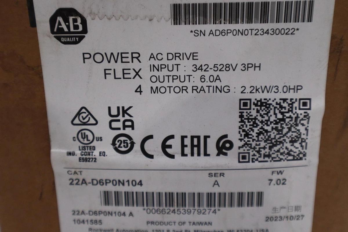 Used Allen Bradley 25A-D2P3N104 ADJUSTABLE FREQUENCY POWERFLEX 523 - STOCK GF247 885630702490