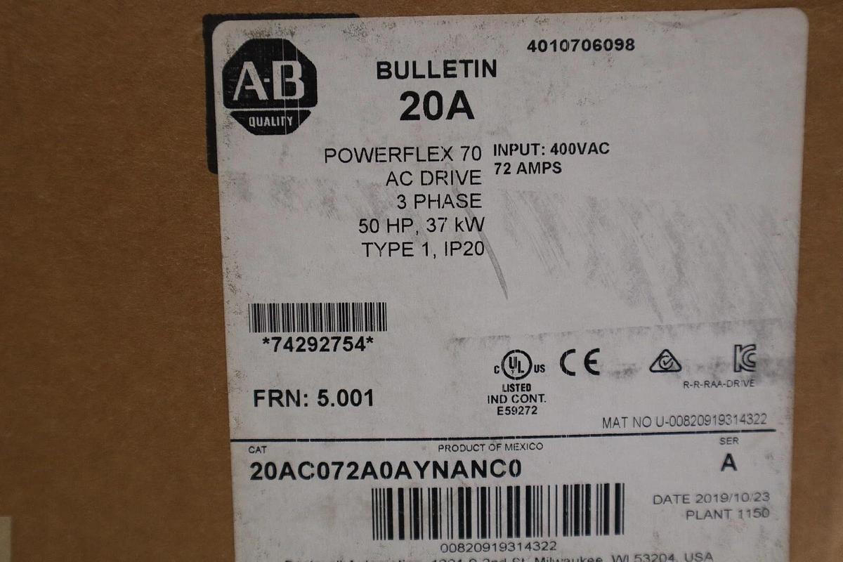 Used ALLEN BRADLEY 20AC072A0AYNANC0 POWERFLEX 70 VFD DRIVE 50 HP NEW IN BOX #2553-C