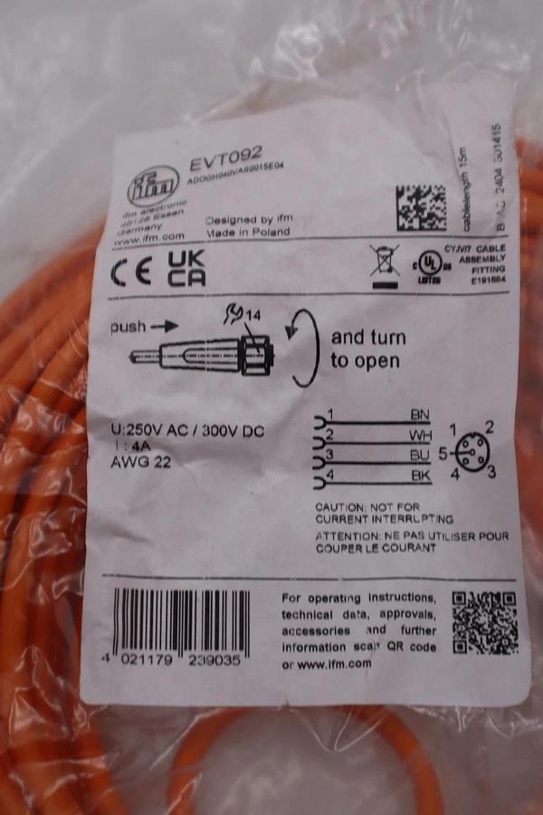IFM Efector EVT092/ ADOGH040VAS0015E04 Cable STOCK H373A