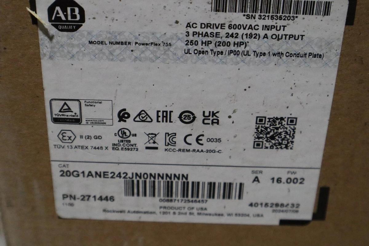 Used Allen Bradley 20G1ANE242JN0NNNNN PowerFlex 755 250 HP DRIVE 600 VAC STOCK SGF-2