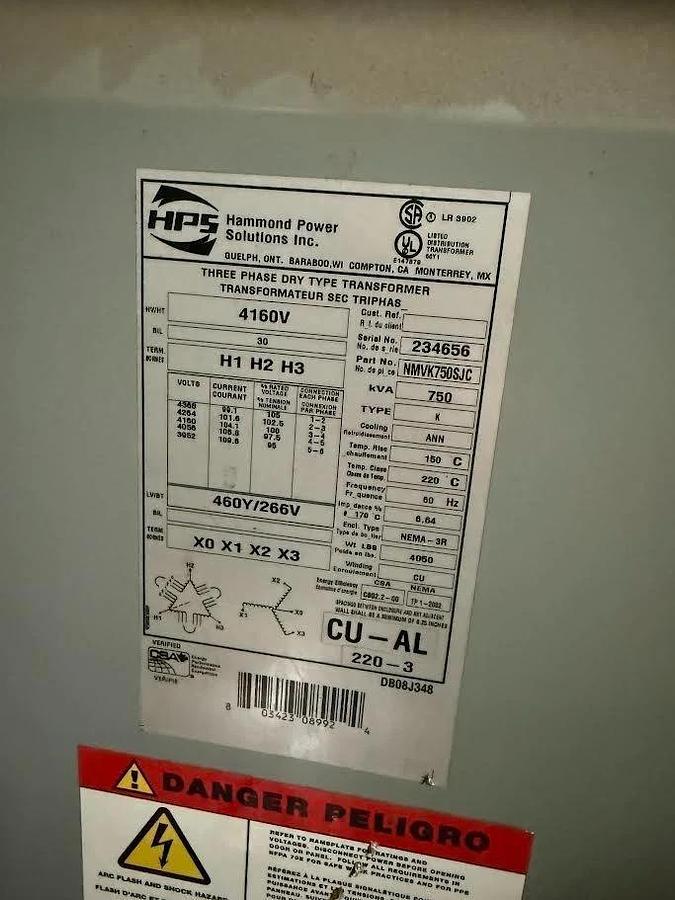 Used 750 KVA HAMMOND POWER SOLUTIONS NMVK750SJC DRY TYPE TRANSFORMER 4160 - 460