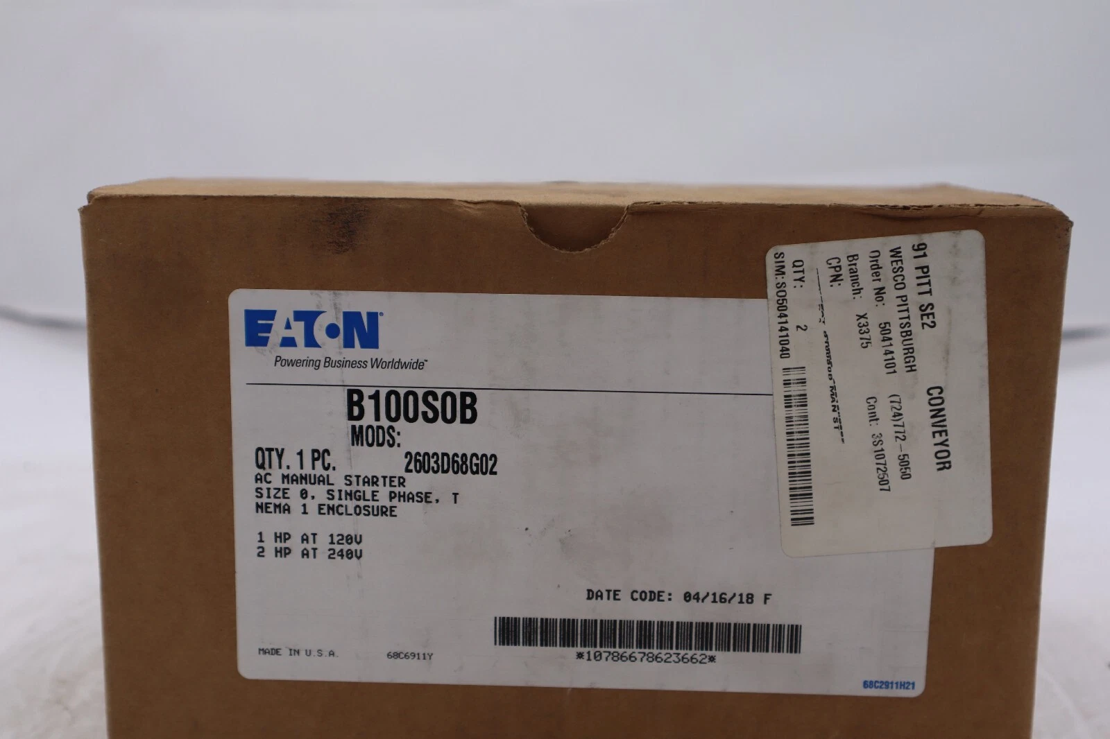 Used EATON MOTOR STARTER MANUAL 5 HP 480 VAC B100S0B NEW IN BOX 2018 STOCK 1663