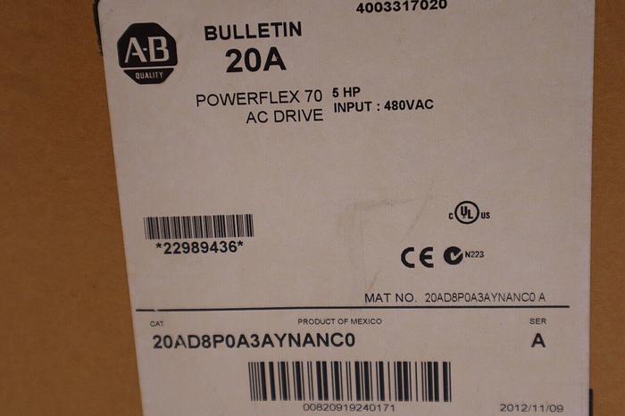 NEW Allen-Bradley 20AD8P0A3AYNANC0 SER A Powerflex AC Drive 5 HP STOCK 3141