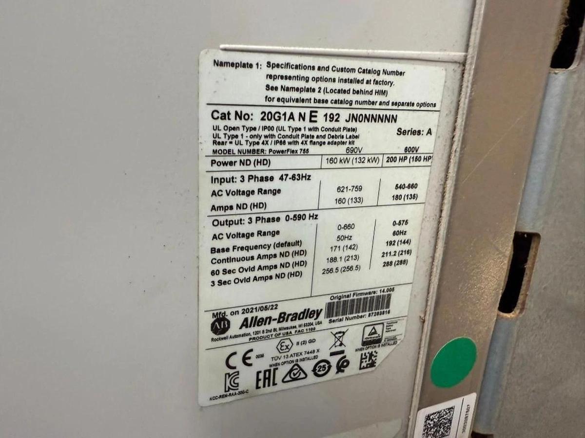 Used 200 HP ALLEN BRADLEY POWERFLEX 755 DRIVE CAT. 20G1ANE192JN0NNNNN 600V