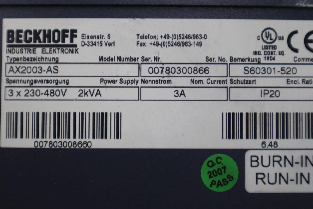 Used Beckhoff AX2003-AS S60301-520 Digital Compact Servo Drive Amplifier STK K-414-D