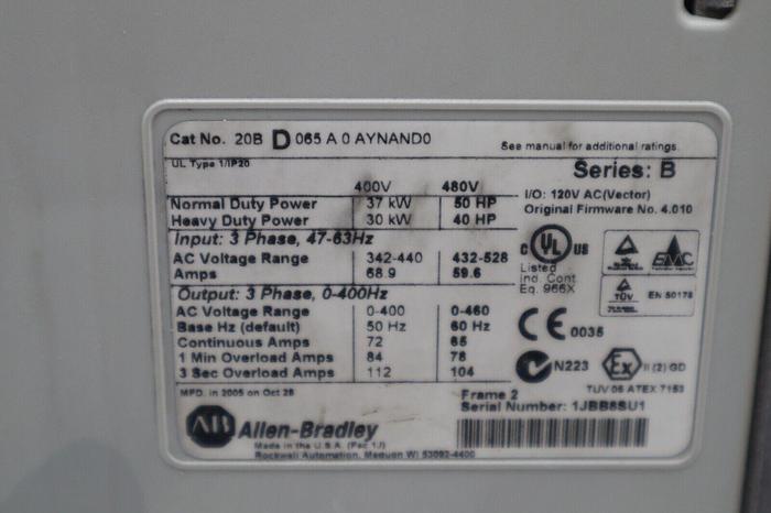 Used ALLEN BRADLEY 20BD065A0AYNAND0 50 HP 480V POWERFLEX 700 VFD DRIVE STOCK 5535
