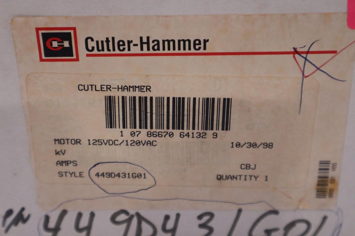 Used NEW IN BOX CUTLER HAMMER 449D431G01 - CH 120VAC/DC CHARGE MOTOR STOCK 1821B