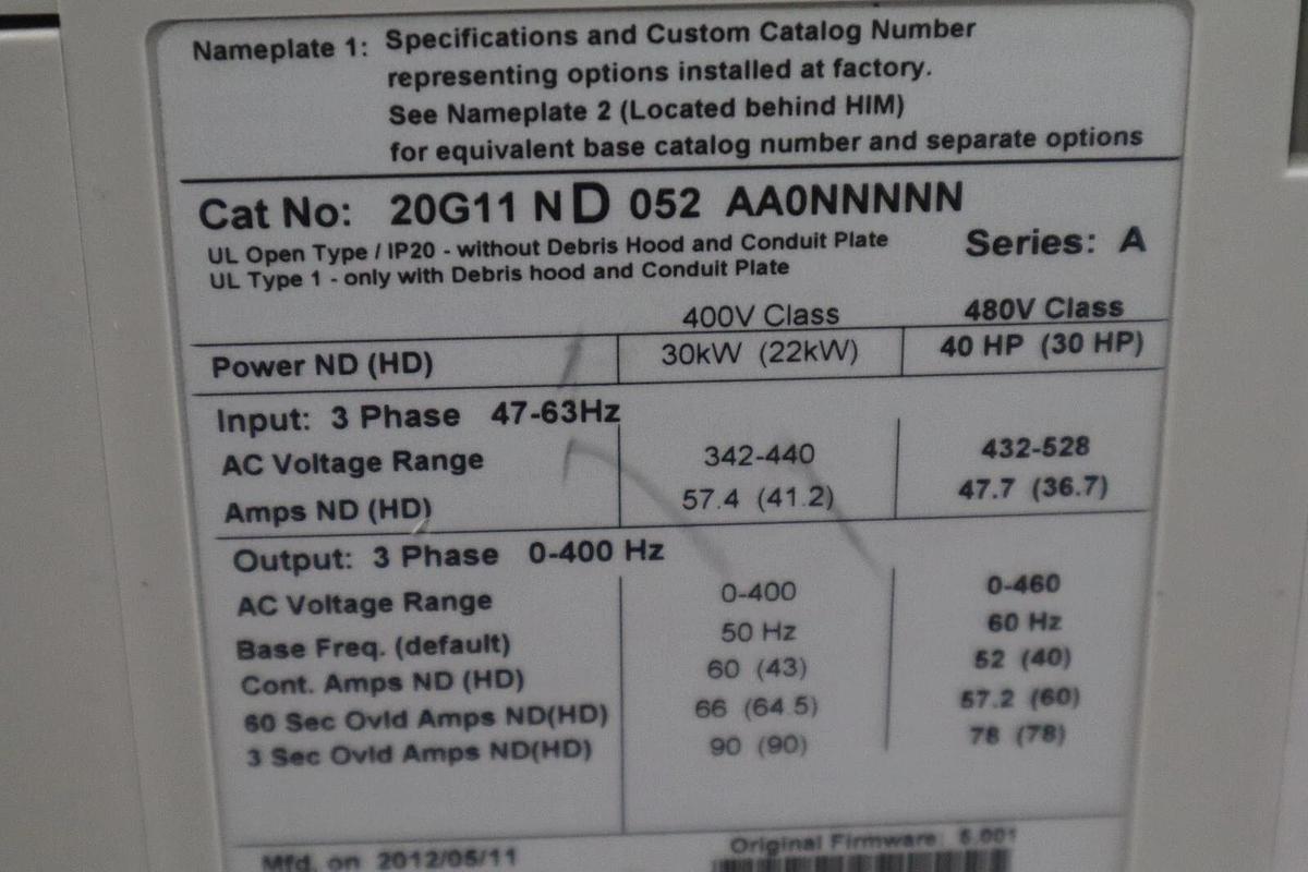 Used Allen Bradley 20G11ND052AA0NNNNN /A PowerFlex 755 480V AC 40HP STOCK 2271C 884951037922