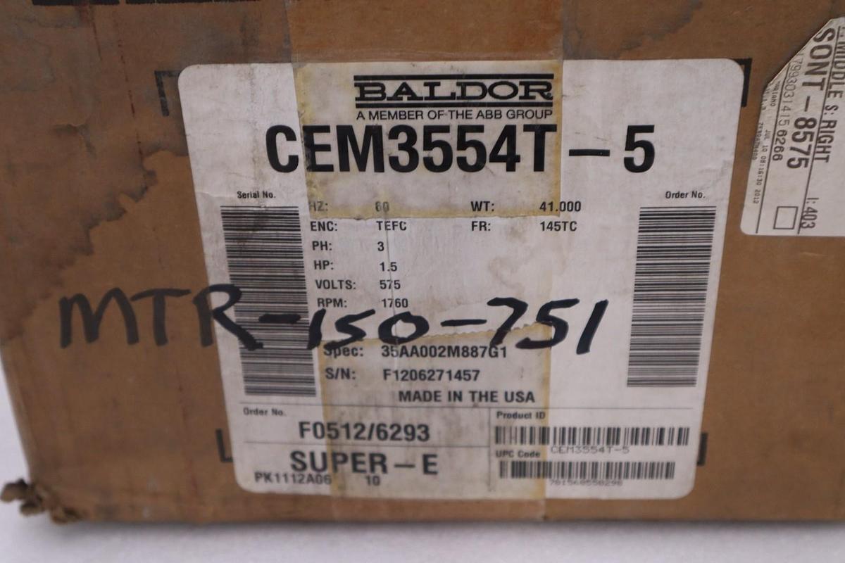 Used New Baldor CEM3554T-5 Electric Motor 1.5HP 575V 1760RPM NEW IN BOX STOCK HP-181