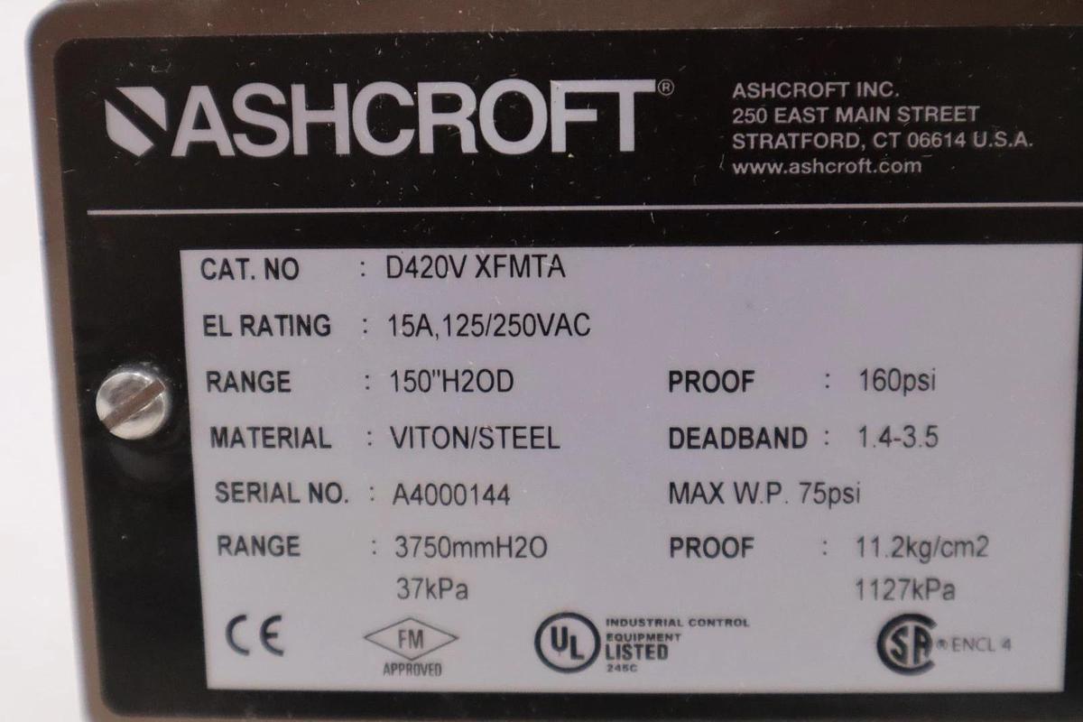 Used ASHCROFT D420V XFMTA PRESSURE SWITCH, 15A, 125/250VAC - STOCK GF1069
