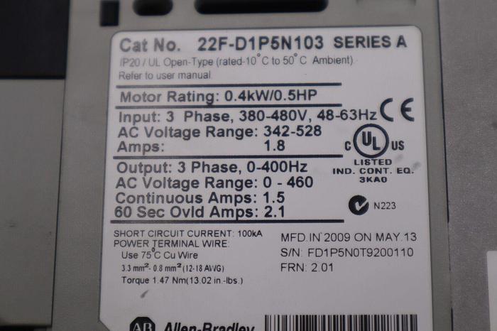 Used Allen-Bradley 22F-D1P5N103 Power Flex 4M 0.4 kW 0.5 HP AC Drive STOCK K-3897