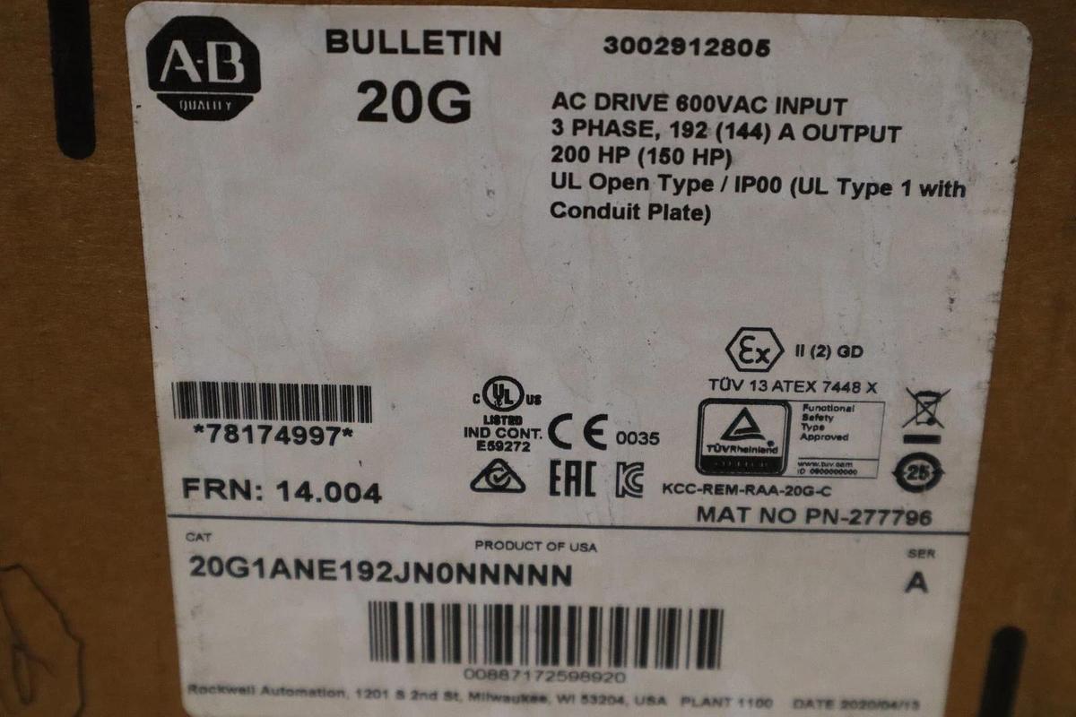Refurbished Allen Bradley 20G1ANE192JN0NNNNN PowerFlex 755 REMANUFACTURED DRIVE STOCK SGF-3