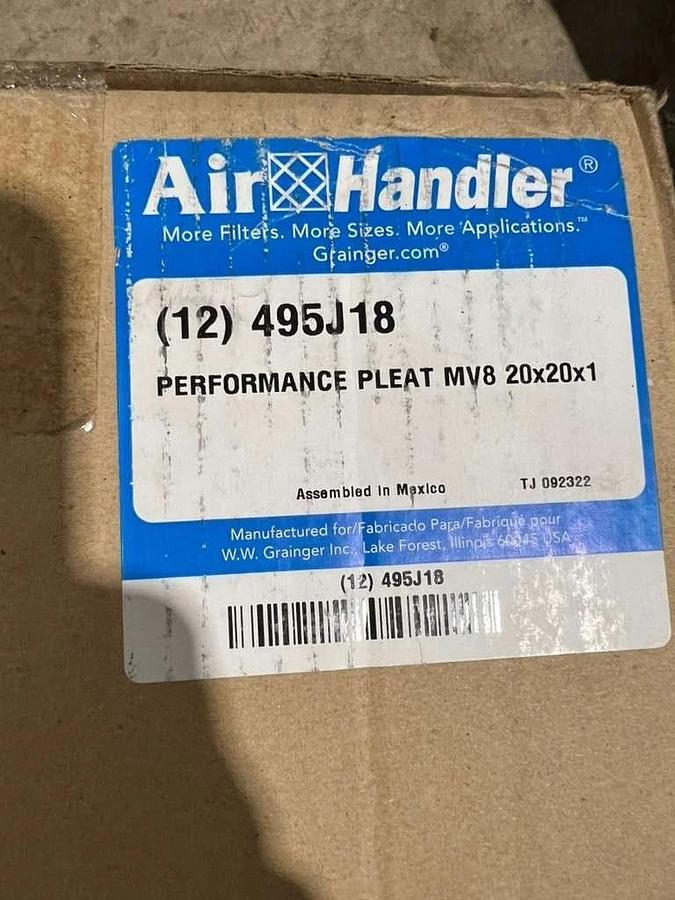 Used AIR HANDLER 495J18 PK 12 Pleated Air Filter 20x20x1 MERV 8 - STOCK HP172