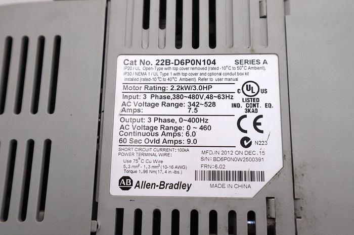 Used ALLEN BRADLEY POWERFLEX40 22BD6P0N104 SER A 3HP 480V STOCK #2094