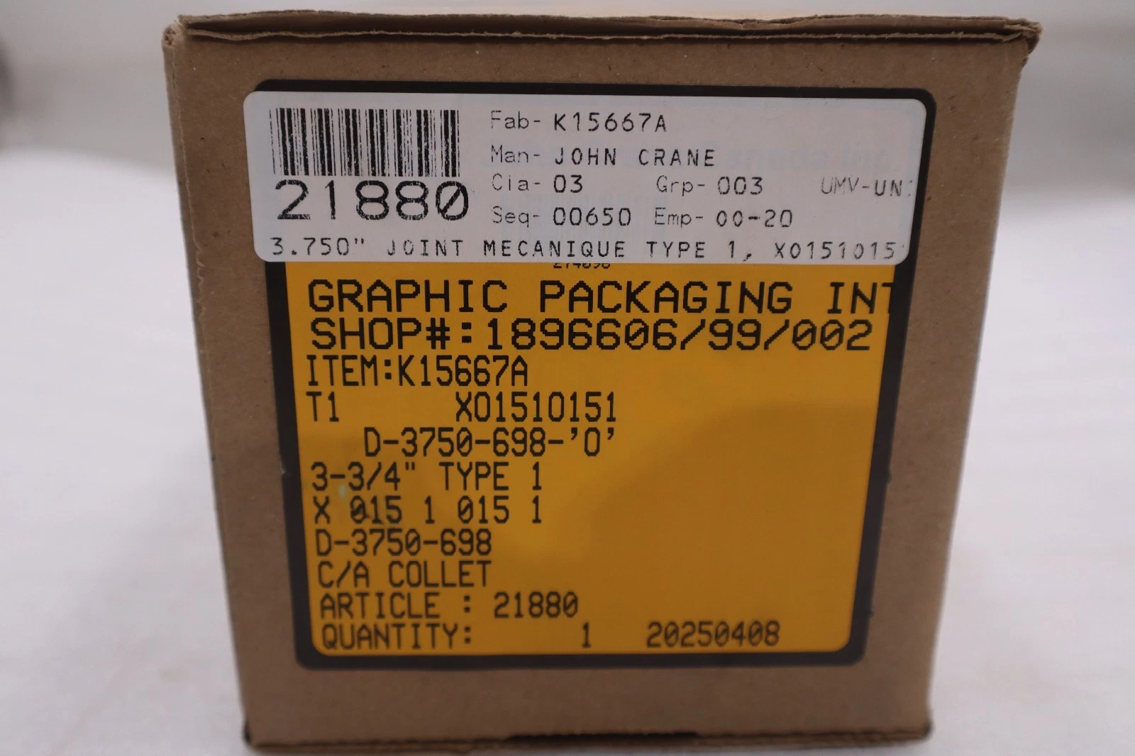 Used John Crane D-3750-698-"0" TYPE 1 3-3/4" Spring Seal Assembly - STOCK GF4751A