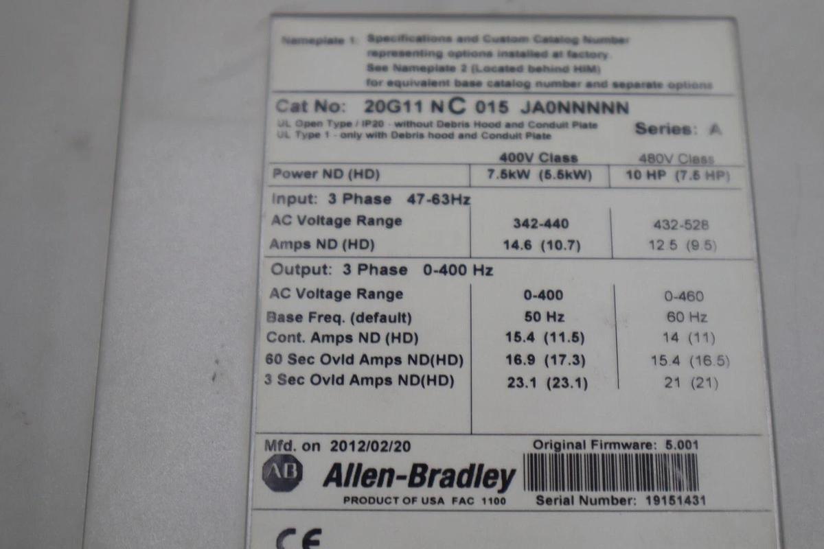 Used ALLEN BRADLEY 20g11nc015ja0nnnnn SER A 10HP POWERFLEX DRIVE W/ HIM STOCK 2044