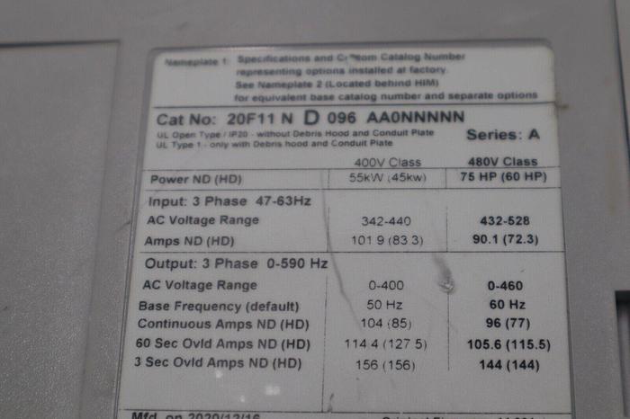 Used Allen Bradley 20F11ND096AA0NNNNN /A PowerFlex 753 AC Drive 480V/96A/75HP #998C