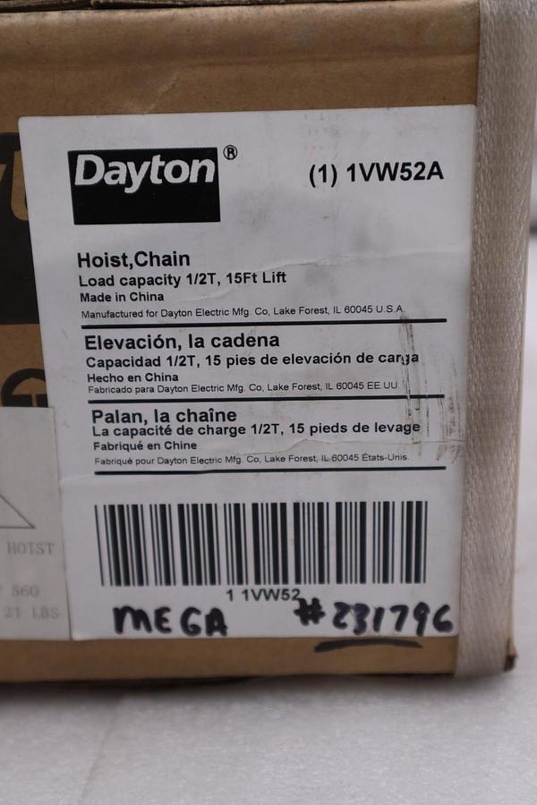 Dayton 1VW52 Hoist Chain Load Capacity 1/2T 15Ft Lift - STOCK GF455