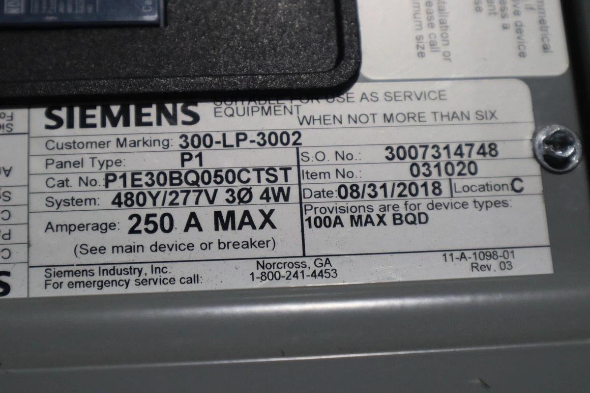 Used SIEMENS P1 250A 480Y/277V P1E30BQ050CTST MAIN BEAKER STOCK HS45